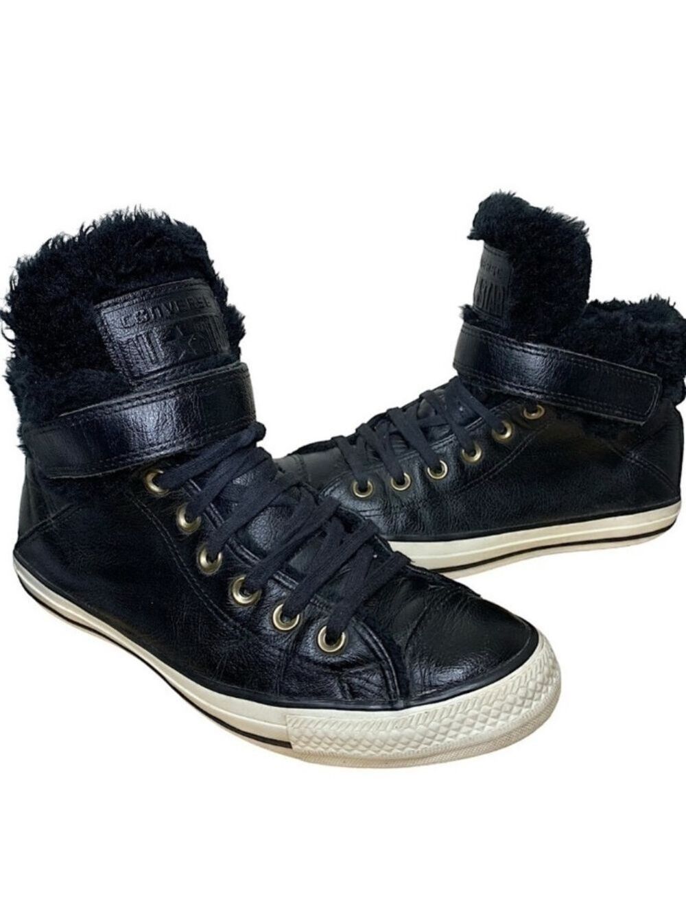 Converse Black Leather High-Tops Winter Boots Fleece Fur Lined Sz 9-9.5 Sneakers